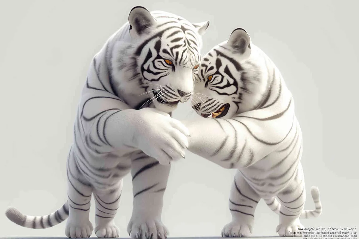Two standing white tigers, one male tiger and one female tiger, The male tiger extends its paws to touch the female tiger's belly, while the female tiger lifts both hands up, white background, natural light, 8K, best picture quality, super detail, 3D, C4D, Blender, OC renderer, ultra-high definition, 3D rendering  - style4部分