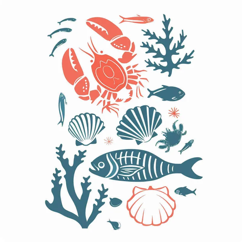 热带，logo，海洋生物，鱼，虾，螃蟹，海螺，贝壳，平面设计，白色背景 - style2部分