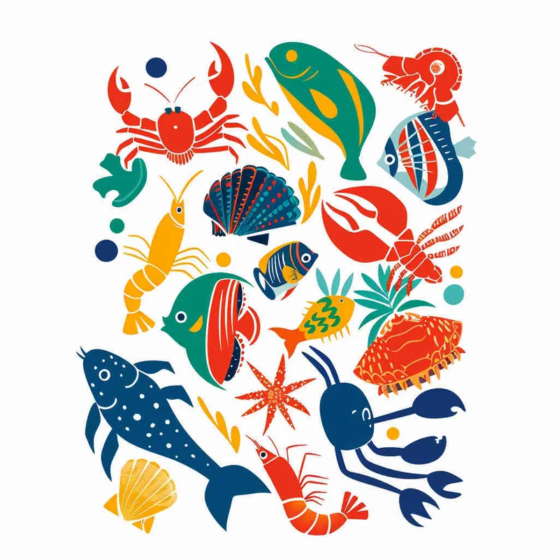 热带，logo，海洋生物，鱼，虾，螃蟹，海螺，贝壳，平面设计，白色背景 - style4部分