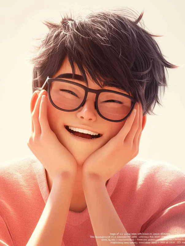 ip image, full body, chibi,Cartoon doll, young black haired uncle, hands holding face, square glasses, smile,  square face， pink clothes,  white background, natural light, 8K, best picture quality, super detail, 3D, C4D, Blender, OC renderer, ultra-high definition, 3D rendering - style3部分
