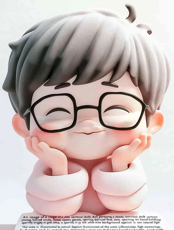 ip image, full body, chibi,Cartoon doll, young black haired uncle, hands holding face, square glasses, square face，  smile, pink clothes,  white background, natural light, 8K, best picture quality, super detail, 3D, C4D, Blender, OC renderer, ultra-high definition, 3D rendering – AI绘画作品展示 | Midjourney中文版生成
