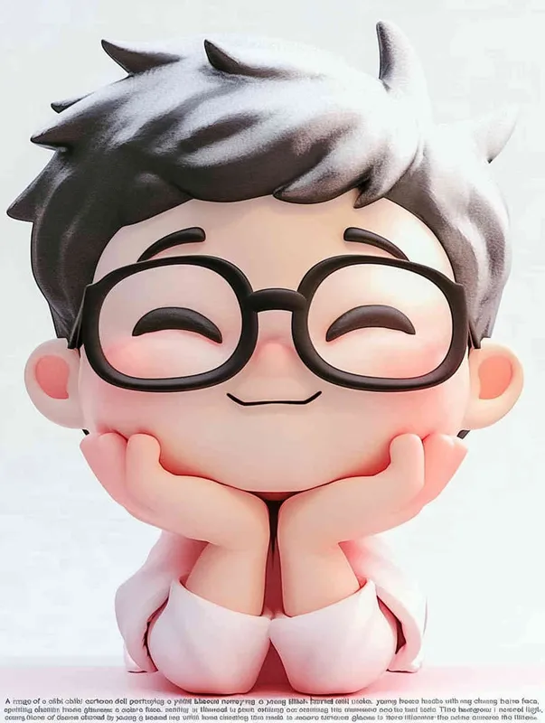 ip image, full body, chibi,Cartoon doll, young black haired uncle, hands holding face, square glasses, square face，  smile, pink clothes,  white background, natural light, 8K, best picture quality, super detail, 3D, C4D, Blender, OC renderer, ultra-high definition, 3D rendering - style2部分