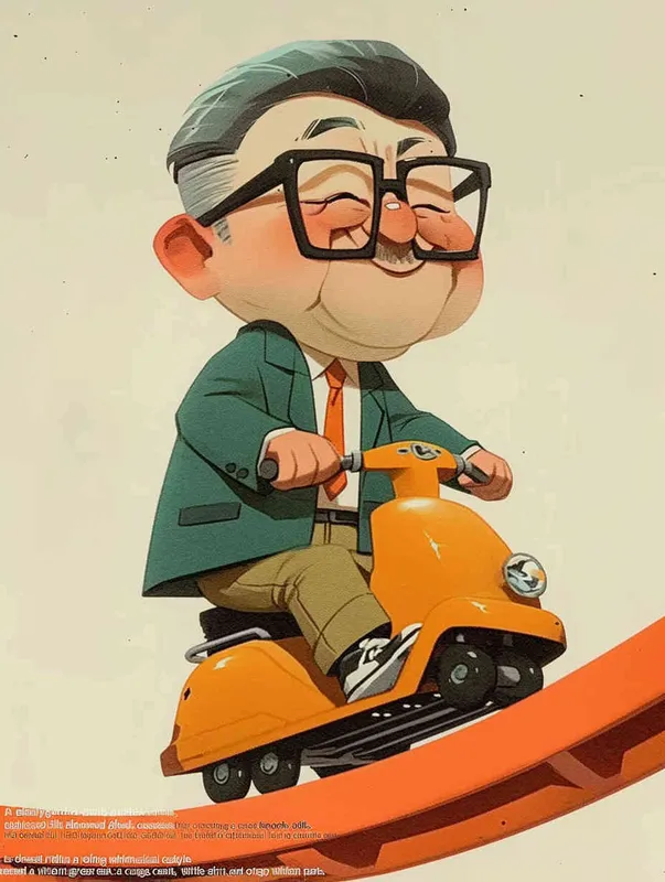 ip image, full body, chibi,Cartoon doll, An old man riding a roller coaster, with black hair, black framed glasses, a smile on his face, a green coat, a white shirt, an orange tie, white pants, red shoes, and an orange roller coaster，white background, natural light, 8K, best picture quality, super detail, 3D, C4D, Blender, OC renderer, ultra-high definition, 3D rendering – AI绘画作品展示 | Midjourney中文版生成