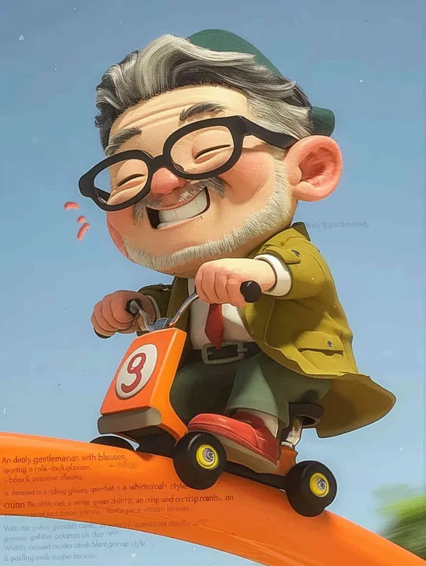 ip image, full body, chibi,Cartoon doll, An old man riding a roller coaster, with black hair, black framed glasses, a smile on his face, a green coat, a white shirt, an orange tie, white pants, red shoes, and an orange roller coaster，white background, natural light, 8K, best picture quality, super detail, 3D, C4D, Blender, OC renderer, ultra-high definition, 3D rendering - AI绘画作品展示 | Midjourney中文版生成