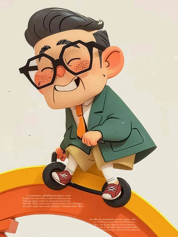 ip image, full body, chibi,Cartoon doll, An old man riding a roller coaster, with black hair, black framed glasses, a smile on his face, a green coat, a white shirt, an orange tie, white pants, red shoes, and an orange roller coaster，white background, natural light, 8K, best picture quality, super detail, 3D, C4D, Blender, OC renderer, ultra-high definition, 3D rendering - AI绘画作品展示 | Midjourney中文版生成