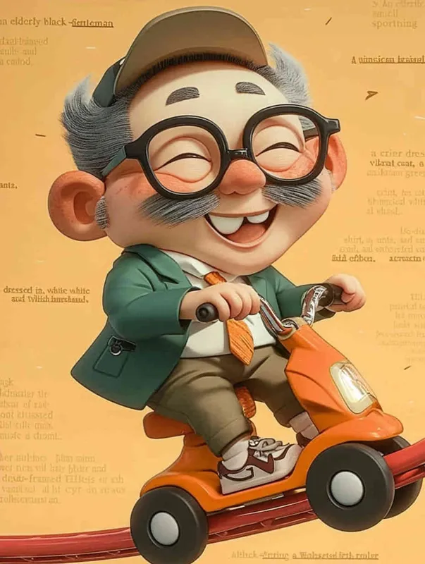 ip image, full body, chibi,Cartoon doll, An old man riding a roller coaster, with black hair, black framed glasses, a smile on his face, a green coat, a white shirt, an orange tie, white pants, red shoes, and an orange roller coaster，white background, natural light, 8K, best picture quality, super detail, 3D, C4D, Blender, OC renderer, ultra-high definition, 3D rendering - AI绘画作品展示 | Midjourney中文版生成