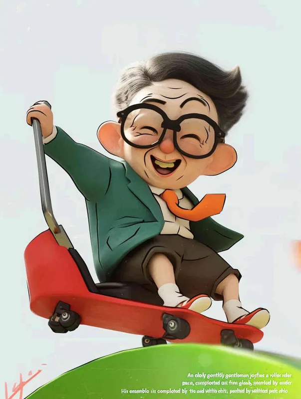 ip image, full body, chibi,Cartoon doll, An old man riding a roller coaster, with black hair, black framed glasses, a smile on his face, a green coat, a white shirt, an orange tie, white pants, red shoes, and an orange roller coaster，white background, natural light, 8K, best picture quality, super detail, 3D, C4D, Blender, OC renderer, ultra-high definition, 3D rendering - style1部分