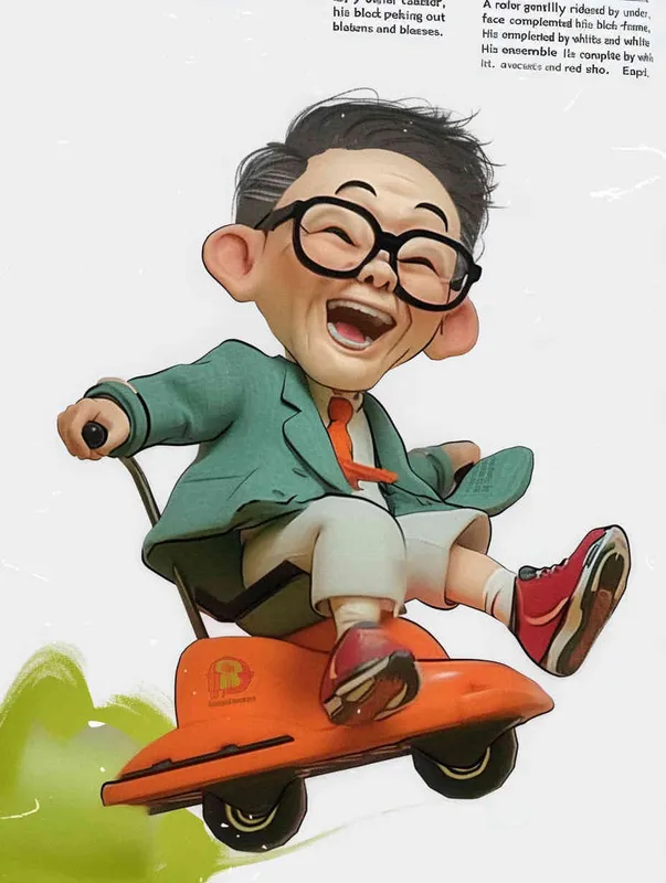 ip image, full body, chibi,Cartoon doll, An old man riding a roller coaster, with black hair, black framed glasses, a smile on his face, a green coat, a white shirt, an orange tie, white pants, red shoes, and an orange roller coaster，white background, natural light, 8K, best picture quality, super detail, 3D, C4D, Blender, OC renderer, ultra-high definition, 3D rendering - style2部分