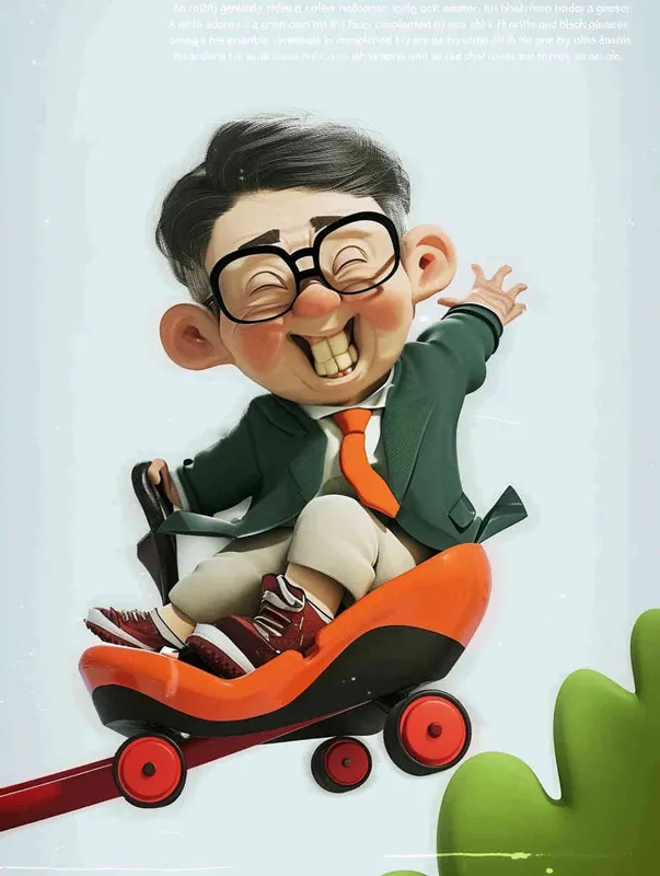 ip image, full body, chibi,Cartoon doll, An old man riding a roller coaster, with black hair, black framed glasses, a smile on his face, a green coat, a white shirt, an orange tie, white pants, red shoes, and an orange roller coaster，white background, natural light, 8K, best picture quality, super detail, 3D, C4D, Blender, OC renderer, ultra-high definition, 3D rendering - style3部分