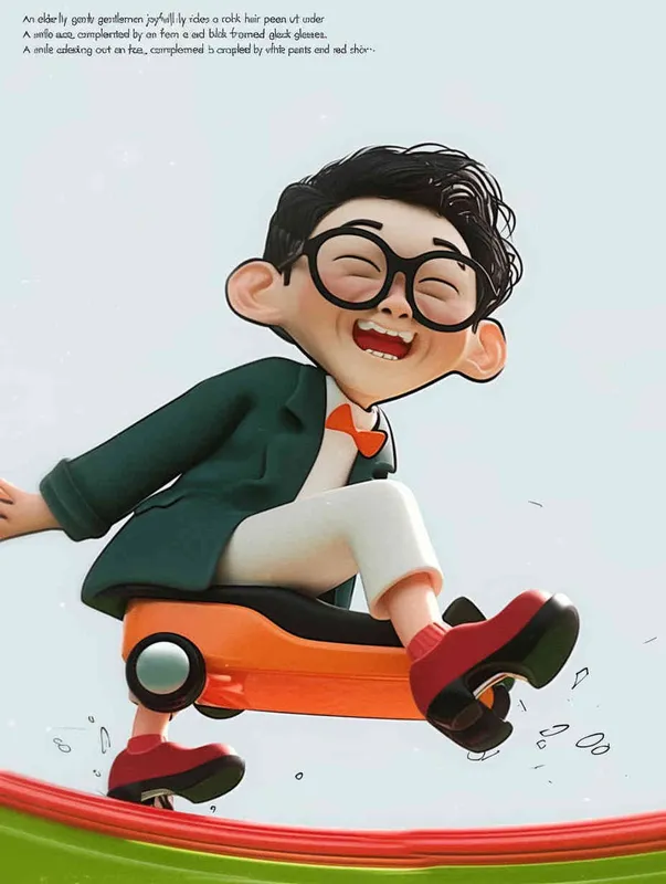 ip image, full body, chibi,Cartoon doll, An old man riding a roller coaster, with black hair, black framed glasses, a smile on his face, a green coat, a white shirt, an orange tie, white pants, red shoes, and an orange roller coaster，white background, natural light, 8K, best picture quality, super detail, 3D, C4D, Blender, OC renderer, ultra-high definition, 3D rendering - style4部分