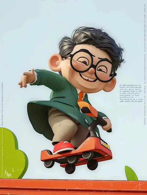 ip image, full body, chibi,Cartoon doll, An old man riding a roller coaster, with black hair, black framed glasses, a smile on his face, a green coat, a white shirt, an orange tie, white pants, red shoes, and an orange roller coaster，white background, natural light, 8K, best picture quality, super detail, 3D, C4D, Blender, OC renderer, ultra-high definition, 3D rendering - style1部分