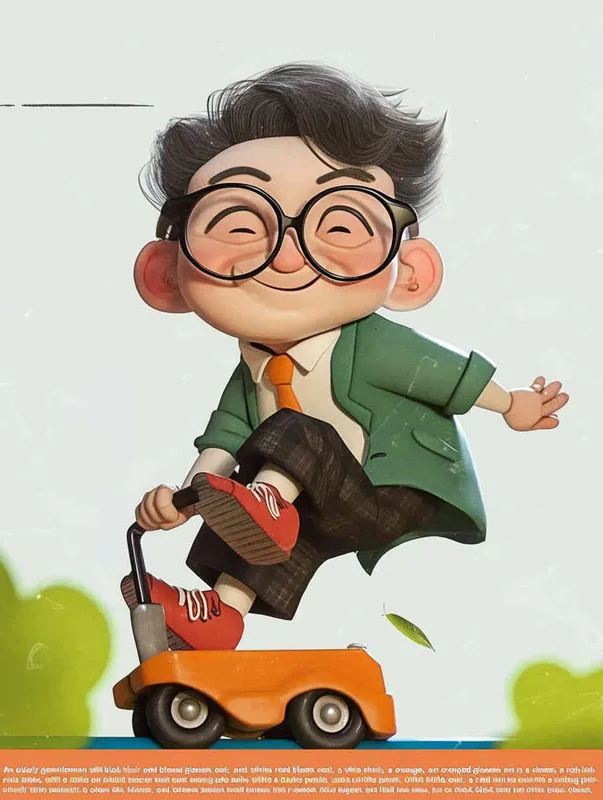 ip image, full body, chibi,Cartoon doll, An old man riding a roller coaster, with black hair, black framed glasses, a smile on his face, a green coat, a white shirt, an orange tie, white pants, red shoes, and an orange roller coaster，white background, natural light, 8K, best picture quality, super detail, 3D, C4D, Blender, OC renderer, ultra-high definition, 3D rendering - style2部分