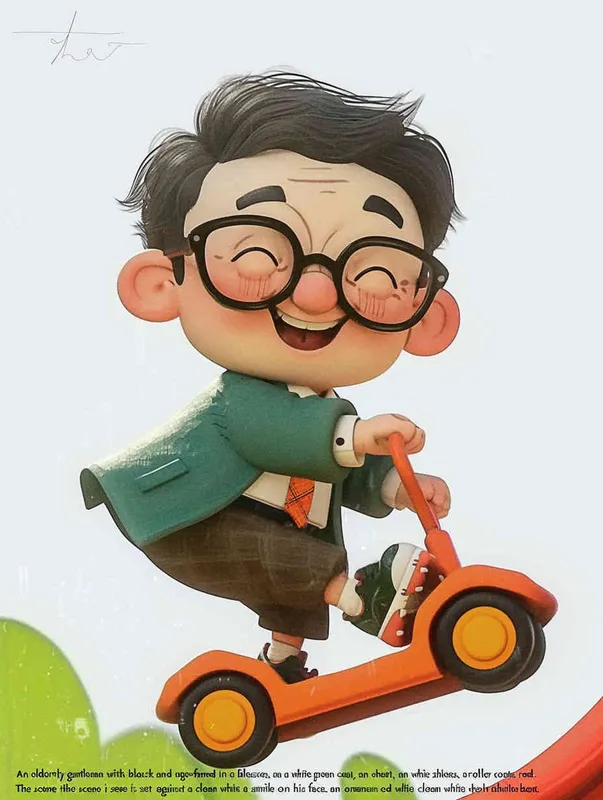 ip image, full body, chibi,Cartoon doll, An old man riding a roller coaster, with black hair, black framed glasses, a smile on his face, a green coat, a white shirt, an orange tie, white pants, red shoes, and an orange roller coaster，white background, natural light, 8K, best picture quality, super detail, 3D, C4D, Blender, OC renderer, ultra-high definition, 3D rendering - style3部分