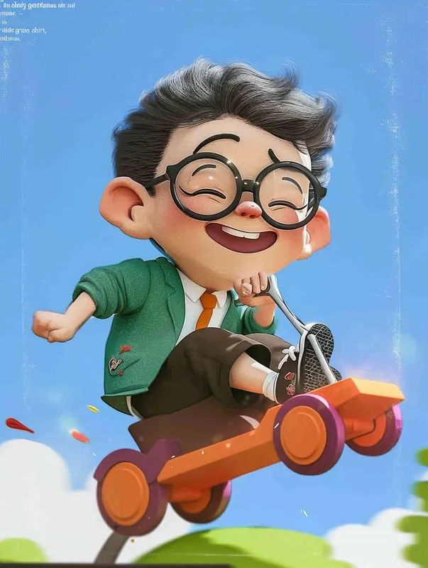 ip image, full body, chibi,Cartoon doll, An old man riding a roller coaster, with black hair, black framed glasses, a smile on his face, a green coat, a white shirt, an orange tie, white pants, red shoes, and an orange roller coaster，white background, natural light, 8K, best picture quality, super detail, 3D, C4D, Blender, OC renderer, ultra-high definition, 3D rendering - style4部分
