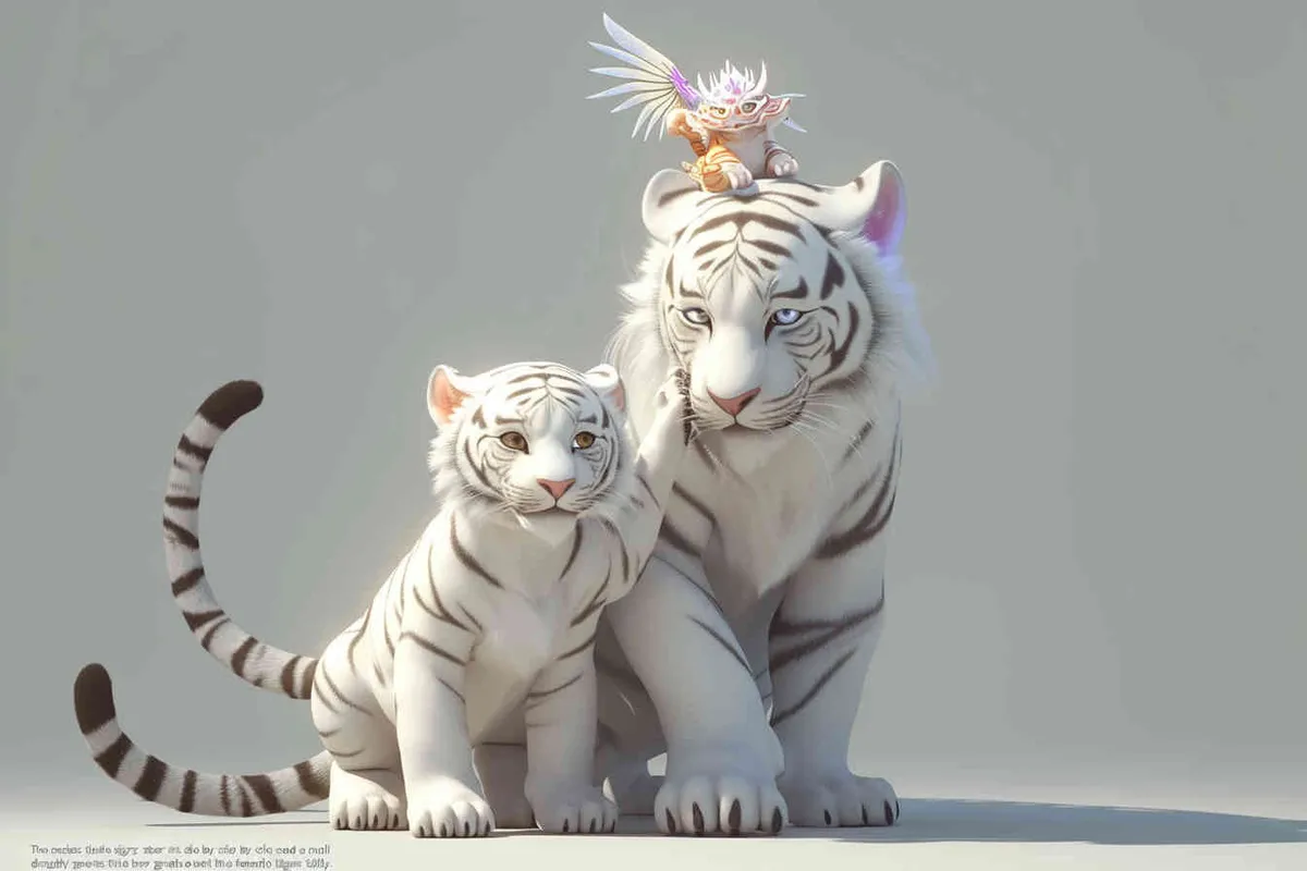 Two standing white  tigers, one male tiger and one female tiger, the mother tiger has a little dragon on her head on, The male tiger extends its paws to touch the female tiger's belly, while the female tiger lifts both hands up, white background, natural light, 8K, best picture quality, super detail, 3D, C4D, Blender, OC renderer, ultra-high definition, 3D rendering - style1部分