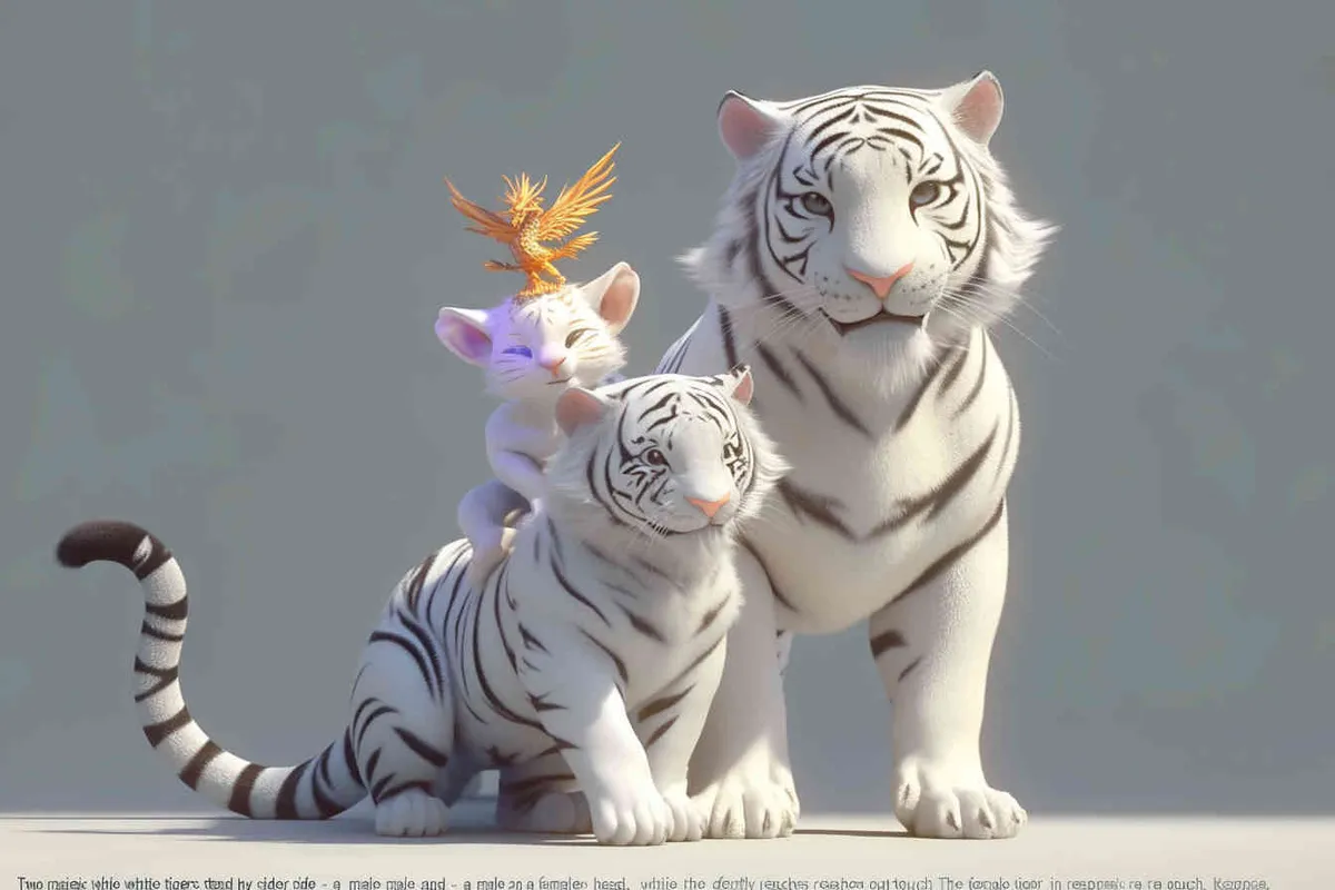 Two standing white  tigers, one male tiger and one female tiger, the mother tiger has a little dragon on her head on, The male tiger extends its paws to touch the female tiger's belly, while the female tiger lifts both hands up, white background, natural light, 8K, best picture quality, super detail, 3D, C4D, Blender, OC renderer, ultra-high definition, 3D rendering - style2部分