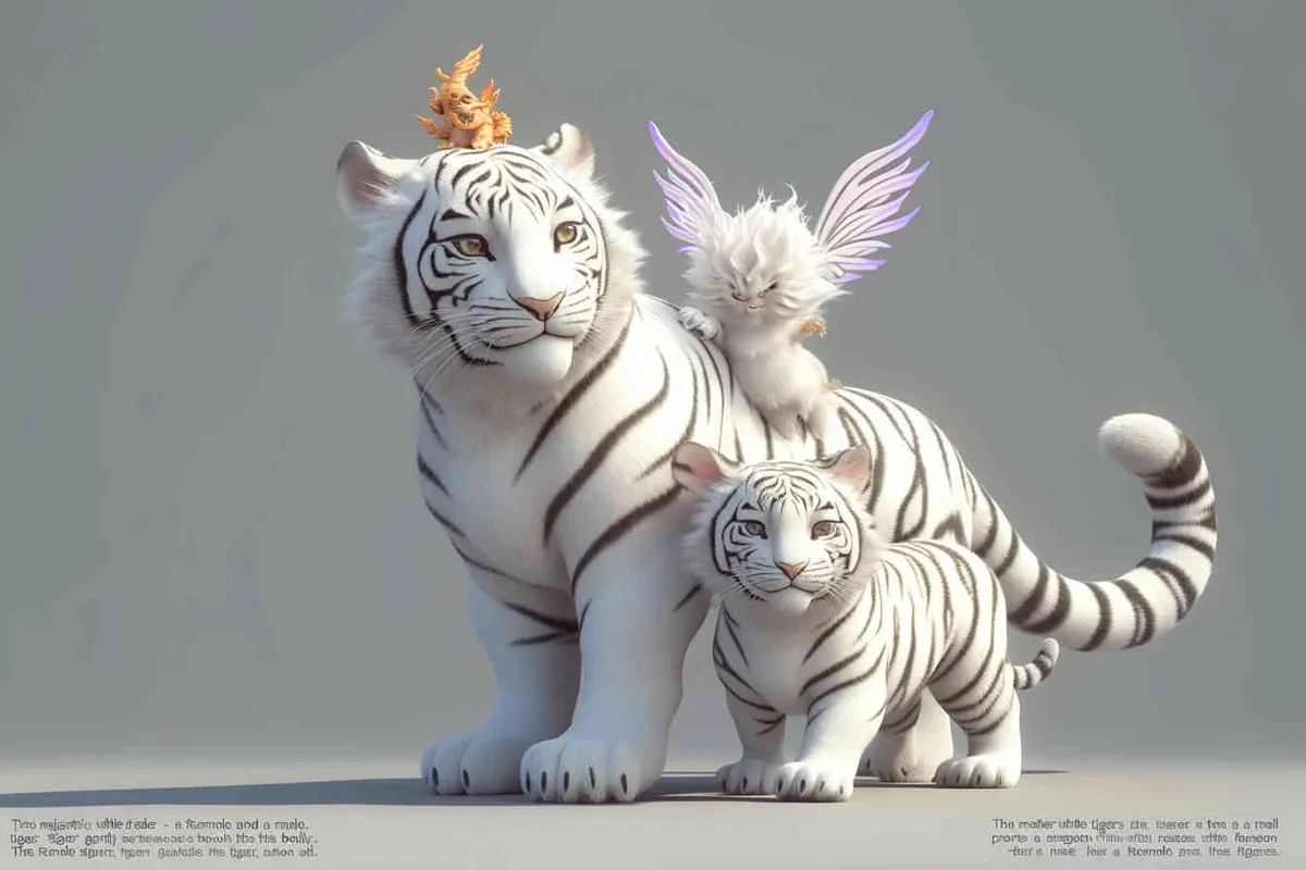 Two standing white  tigers, one male tiger and one female tiger, the mother tiger has a little dragon on her head on, The male tiger extends its paws to touch the female tiger's belly, while the female tiger lifts both hands up, white background, natural light, 8K, best picture quality, super detail, 3D, C4D, Blender, OC renderer, ultra-high definition, 3D rendering - style4部分