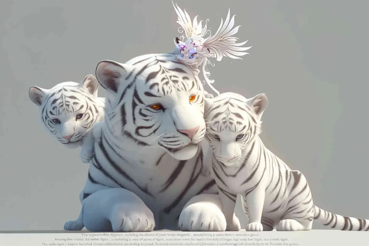 Two standing white  tigers, one male tiger and one female tiger, the mother tiger has a little dragon on her head on, The male tiger extends its paws to touch the female tiger's belly, while the female tiger lifts both hands up, white background, natural light, 8K, best picture quality, super detail, 3D, C4D, Blender, OC renderer, ultra-high definition, 3D rendering - style1部分