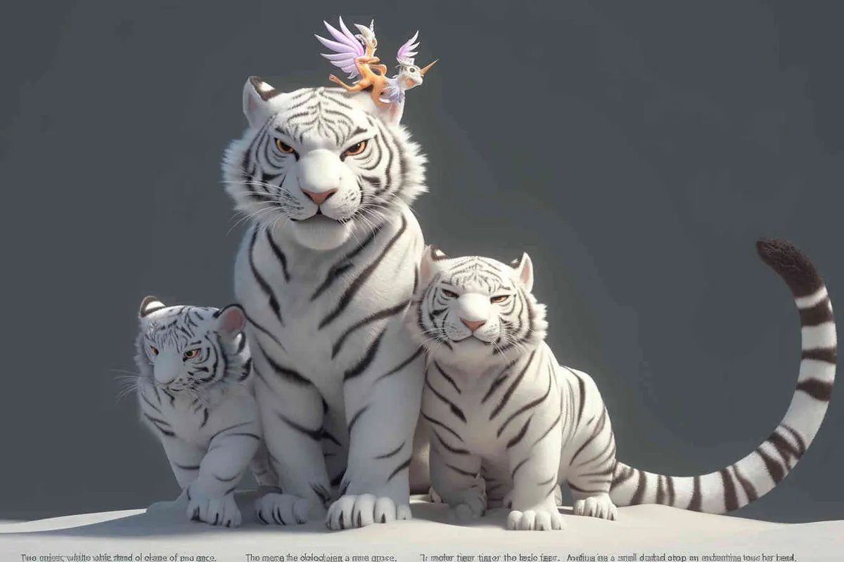 Two standing white  tigers, one male tiger and one female tiger, the mother tiger has a little dragon on her head on, The male tiger extends its paws to touch the female tiger's belly, while the female tiger lifts both hands up, white background, natural light, 8K, best picture quality, super detail, 3D, C4D, Blender, OC renderer, ultra-high definition, 3D rendering - style2部分