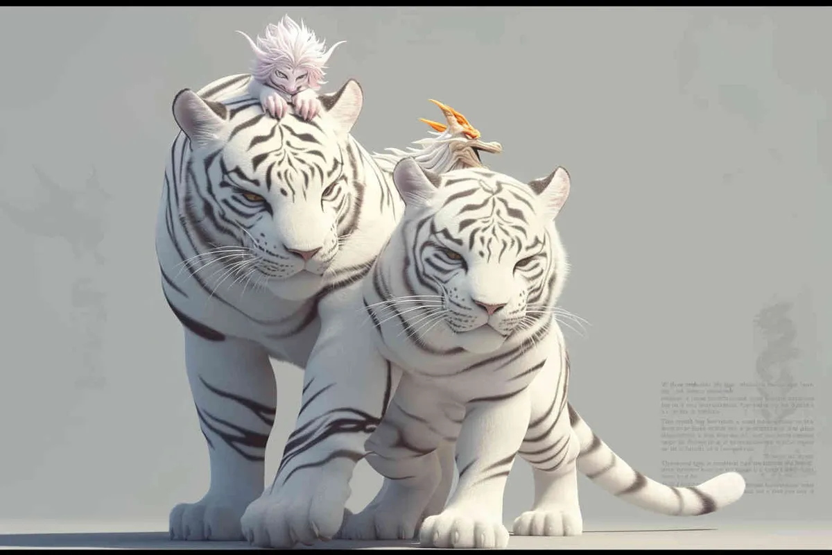Two standing white  tigers, one male tiger and one female tiger, the mother tiger has a little dragon on her head on, The male tiger extends its paws to touch the female tiger's belly, while the female tiger lifts both hands up, white background, natural light, 8K, best picture quality, super detail, 3D, C4D, Blender, OC renderer, ultra-high definition, 3D rendering - style3部分