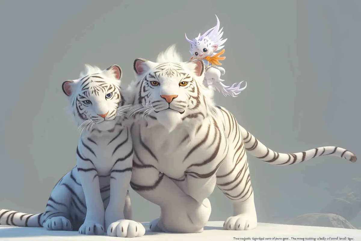 Two standing white  tigers, one male tiger and one female tiger, the mother tiger has a little dragon on her head on, The male tiger extends its paws to touch the female tiger's belly, while the female tiger lifts both hands up, white background, natural light, 8K, best picture quality, super detail, 3D, C4D, Blender, OC renderer, ultra-high definition, 3D rendering - style4部分