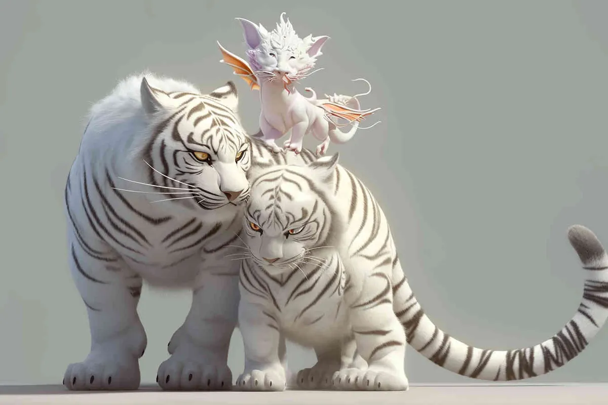 Two standing white  tigers, one male tiger and one female tiger, the mother tiger has a little dragon on her head on, The male tiger extends its paws to touch the female tiger's belly, while the female tiger lifts both hands up, white background, natural light, 8K, best picture quality, super detail, 3D, C4D, Blender, OC renderer, ultra-high definition, 3D rendering - style1部分