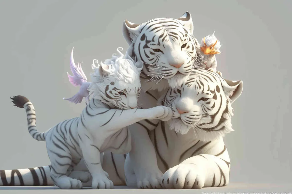 Two standing white  tigers, one male tiger and one female tiger, the mother tiger has a little dragon on her head on, The male tiger extends its paws to touch the female tiger's belly, while the female tiger lifts both hands up, white background, natural light, 8K, best picture quality, super detail, 3D, C4D, Blender, OC renderer, ultra-high definition, 3D rendering - style2部分