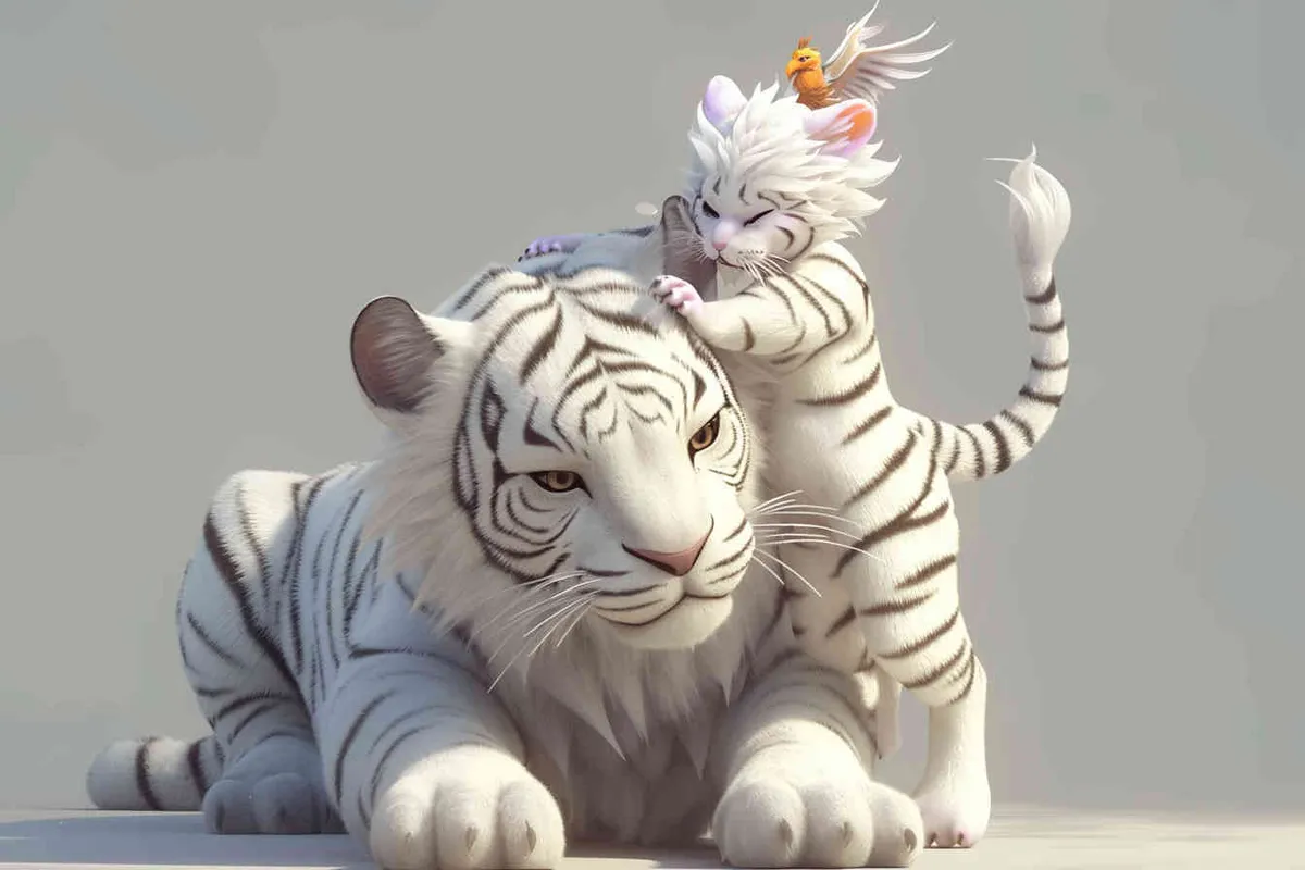 Two standing white  tigers, one male tiger and one female tiger, the mother tiger has a little dragon on her head on, The male tiger extends its paws to touch the female tiger's belly, while the female tiger lifts both hands up, white background, natural light, 8K, best picture quality, super detail, 3D, C4D, Blender, OC renderer, ultra-high definition, 3D rendering - style3部分