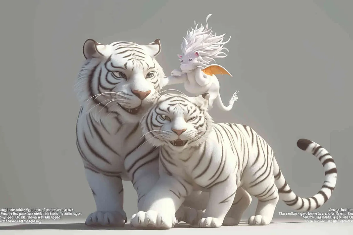 Two standing white  tigers, one male tiger and one female tiger, the mother tiger has a little dragon on her head on, The male tiger extends its paws to touch the female tiger's belly, while the female tiger lifts both hands up, white background, natural light, 8K, best picture quality, super detail, 3D, C4D, Blender, OC renderer, ultra-high definition, 3D rendering - style1部分