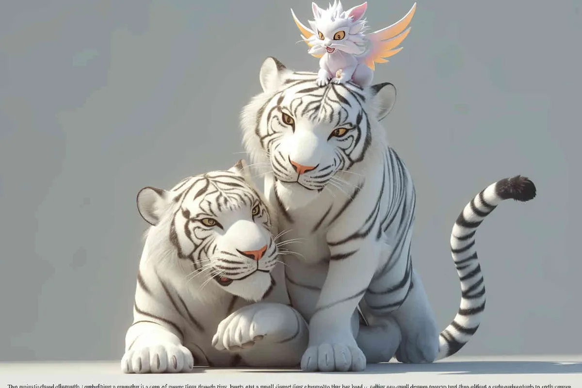 Two standing white  tigers, one male tiger and one female tiger, the mother tiger has a little dragon on her head on, The male tiger extends its paws to touch the female tiger's belly, while the female tiger lifts both hands up, white background, natural light, 8K, best picture quality, super detail, 3D, C4D, Blender, OC renderer, ultra-high definition, 3D rendering - style2部分