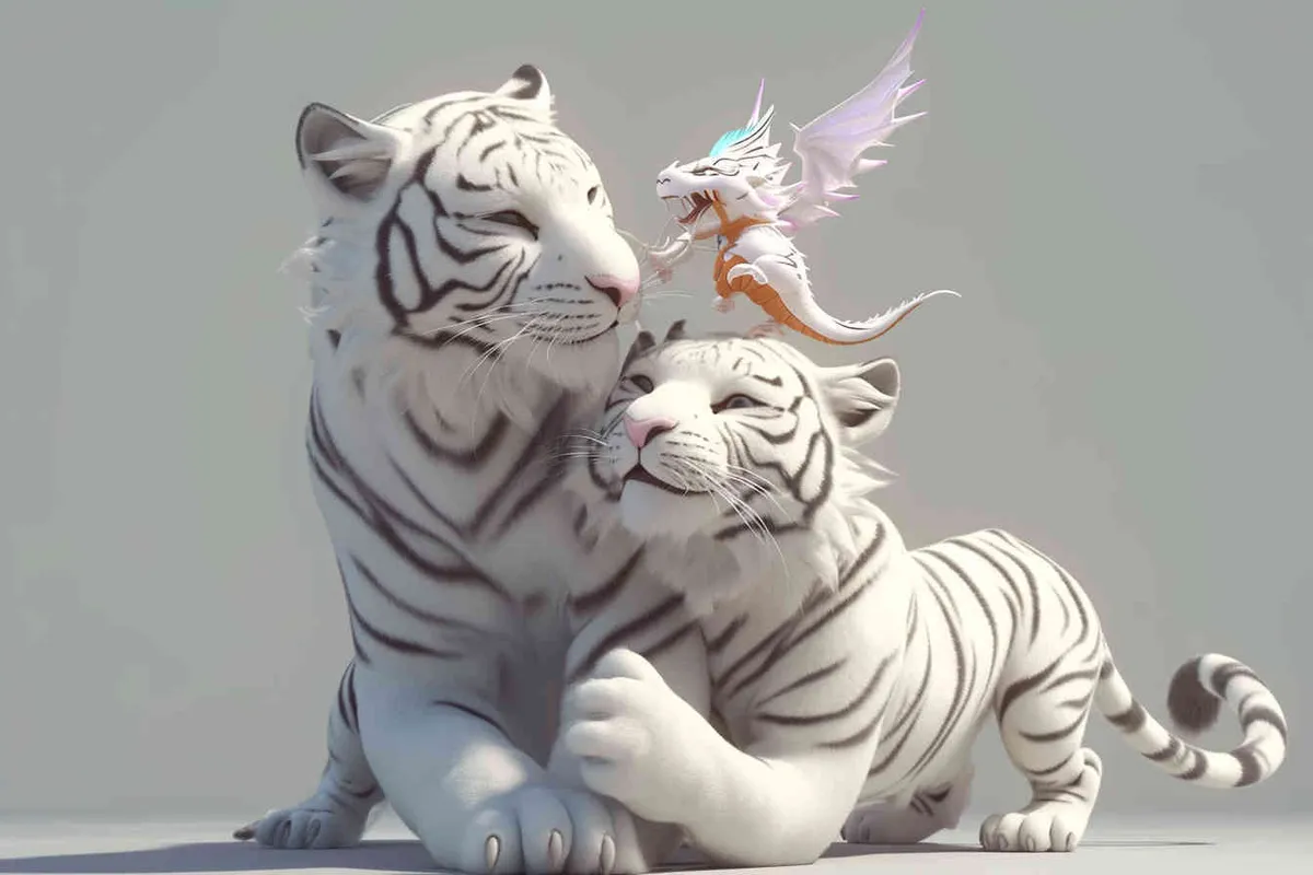 Two standing white  tigers, one male tiger and one female tiger, the mother tiger has a little dragon on her head on, The male tiger extends its paws to touch the female tiger's belly, while the female tiger lifts both hands up, white background, natural light, 8K, best picture quality, super detail, 3D, C4D, Blender, OC renderer, ultra-high definition, 3D rendering - style3部分