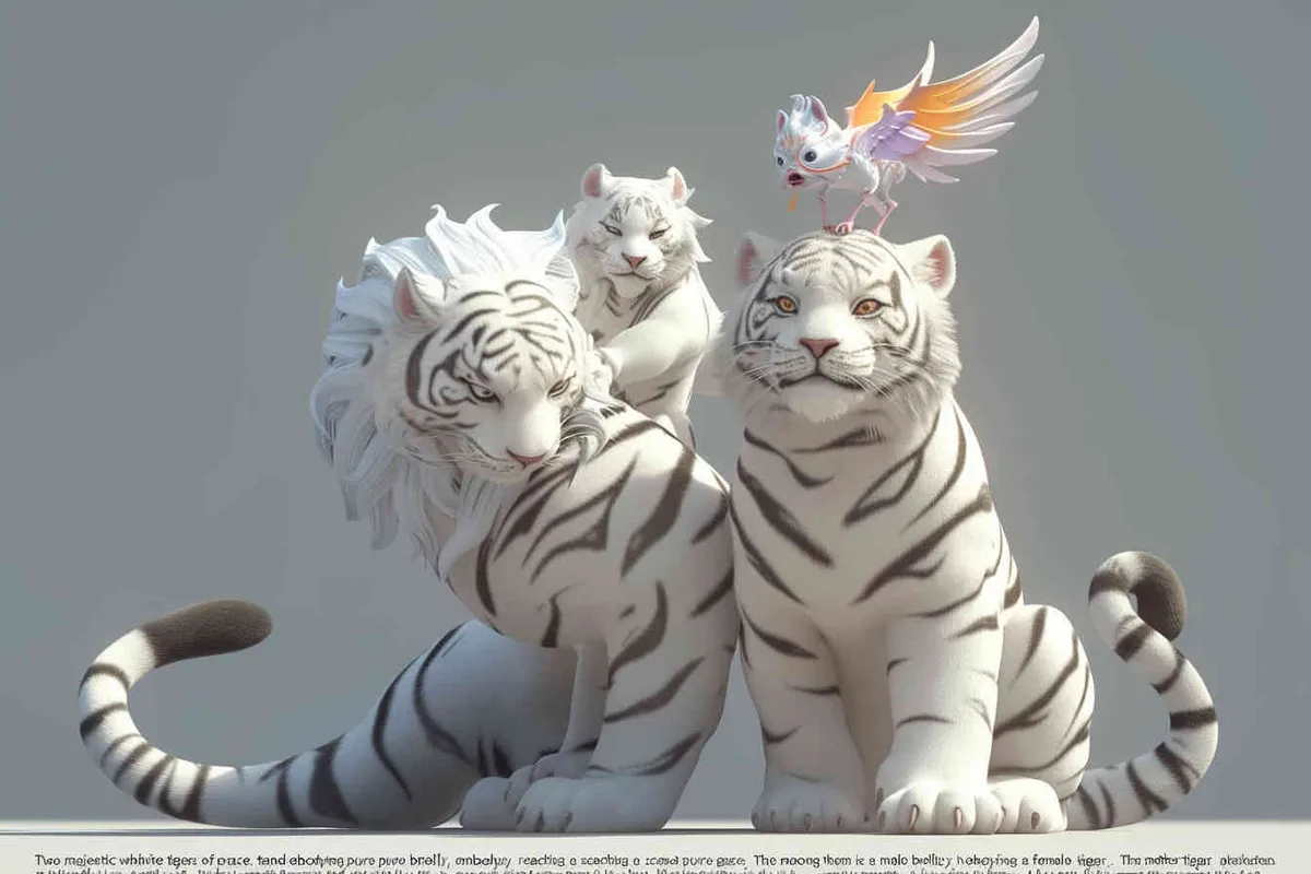 Two standing white  tigers, one male tiger and one female tiger, the mother tiger has a little dragon on her head on, The male tiger extends its paws to touch the female tiger's belly, while the female tiger lifts both hands up, white background, natural light, 8K, best picture quality, super detail, 3D, C4D, Blender, OC renderer, ultra-high definition, 3D rendering - style4部分