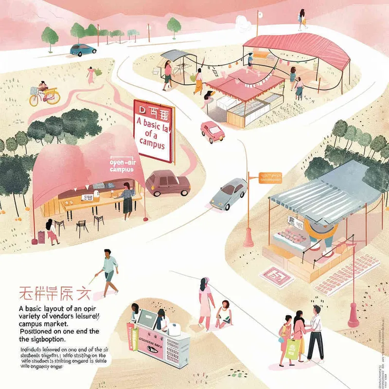 A simple floor plan of an outdoor campus with various stalls selling goods at the campus market. People are walking around, enjoying this day. On one side of the billboard, it reads 
