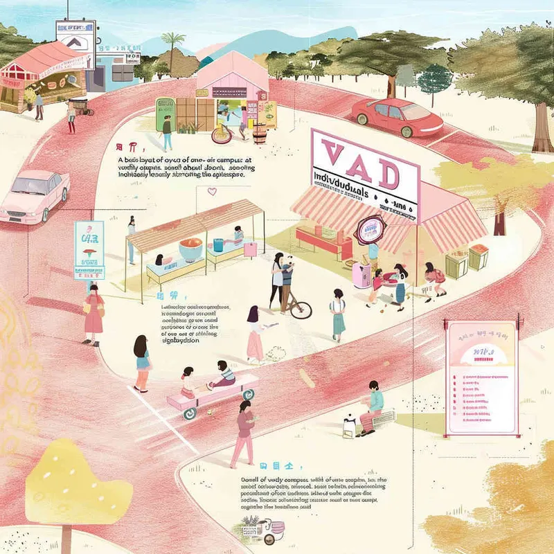A simple floor plan of an outdoor campus with various stalls selling goods at the campus market. People are walking around, enjoying this day. On one side of the billboard, it reads 
