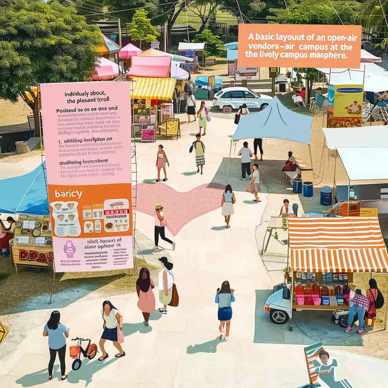 A simple floor plan of an outdoor campus with various stalls selling goods at the campus market. People are walking around, enjoying this day. On one side of the billboard, it reads 