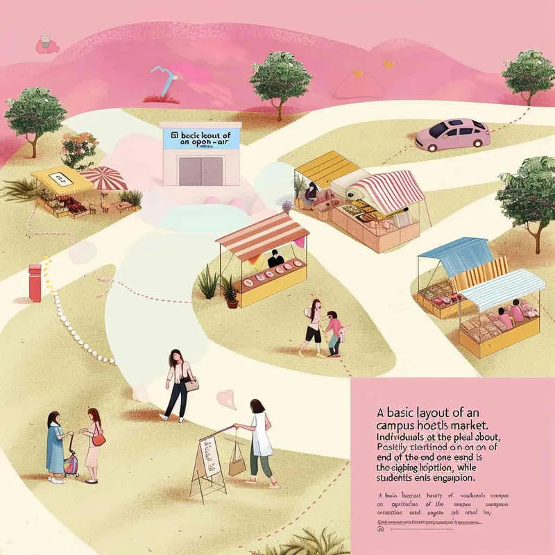 A simple floor plan of an outdoor campus with various stalls selling goods at the campus market. People are walking around, enjoying this day. On one side of the billboard, it reads 