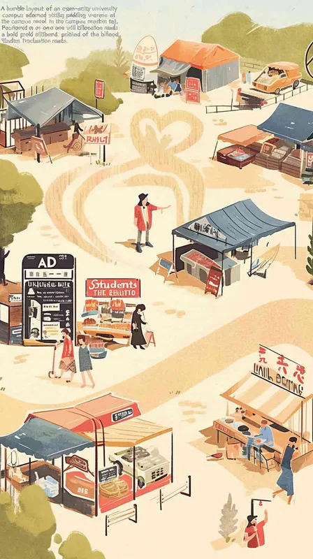 A simple floor plan of an outdoor campus with various stalls selling goods at the campus market. People are walking around, enjoying this day. On one side of the billboard, it reads 