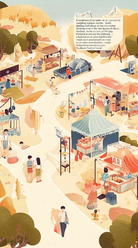 A simple floor plan of an outdoor campus with various stalls selling goods at the campus market. People are walking around, enjoying this day. On one side of the billboard, it reads 