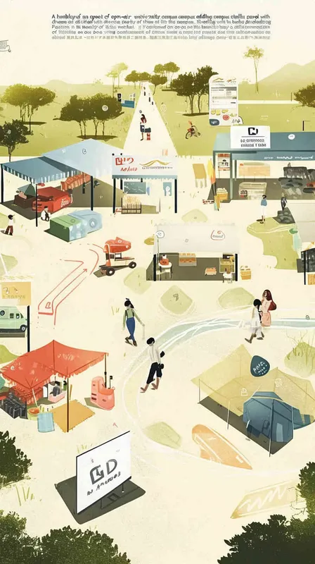A simple floor plan of an outdoor campus with various stalls selling goods at the campus market. People are walking around, enjoying this day. On one side of the billboard, it reads 