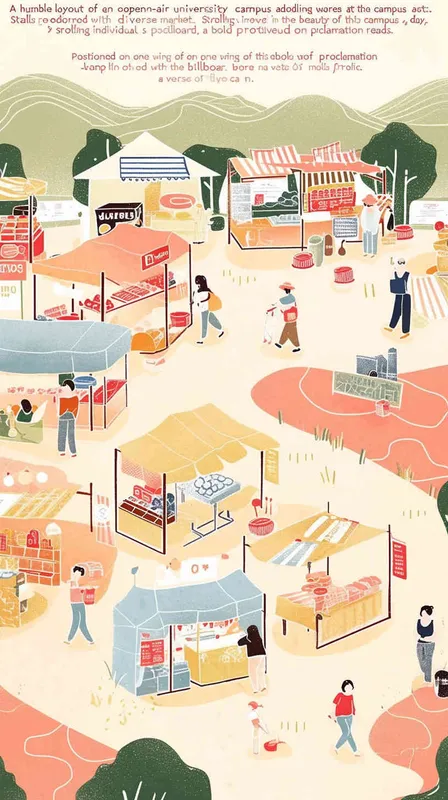 A simple floor plan of an outdoor campus with various stalls selling goods at the campus market. People are walking around, enjoying this day. On one side of the billboard, it reads 