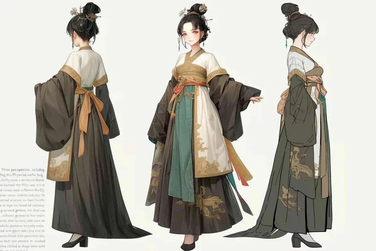 Three views , namely the front view , the side view and the back view，and full body, A fifty year old woman from the Song Dynasty, dressed in black Hanfu, with curled hair, a cross collar, a green lining, a skirt, and a walking pose,  A three view view view, front, side,  DeI stijil,chibi style, white background,  ancient style IP design, - style2部分