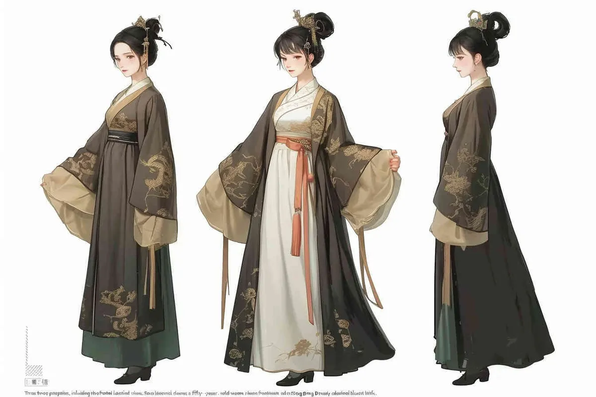 Three views , namely the front view , the side view and the back view，and full body, A fifty year old woman from the Song Dynasty, dressed in black Hanfu, with curled hair, a cross collar, a green lining, a skirt, and a walking pose,  A three view view view, front, side,  DeI stijil,chibi style, white background,  ancient style IP design, - style3部分
