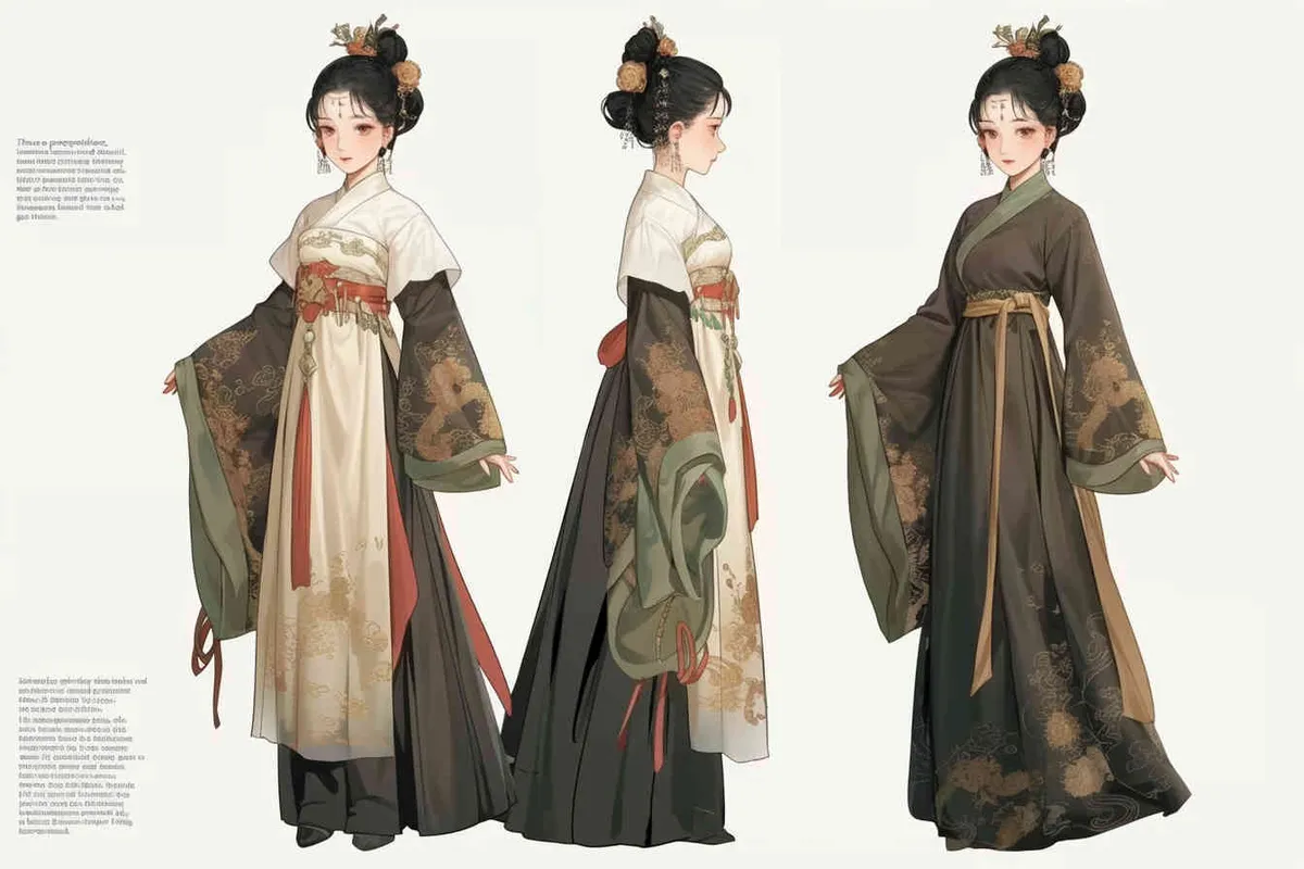 Three views , namely the front view , the side view and the back view，and full body, A fifty year old woman from the Song Dynasty, dressed in black Hanfu, with curled hair, a cross collar, a green lining, a skirt, and a walking pose,  A three view view view, front, side,  DeI stijil,chibi style, white background,  ancient style IP design, - style4部分