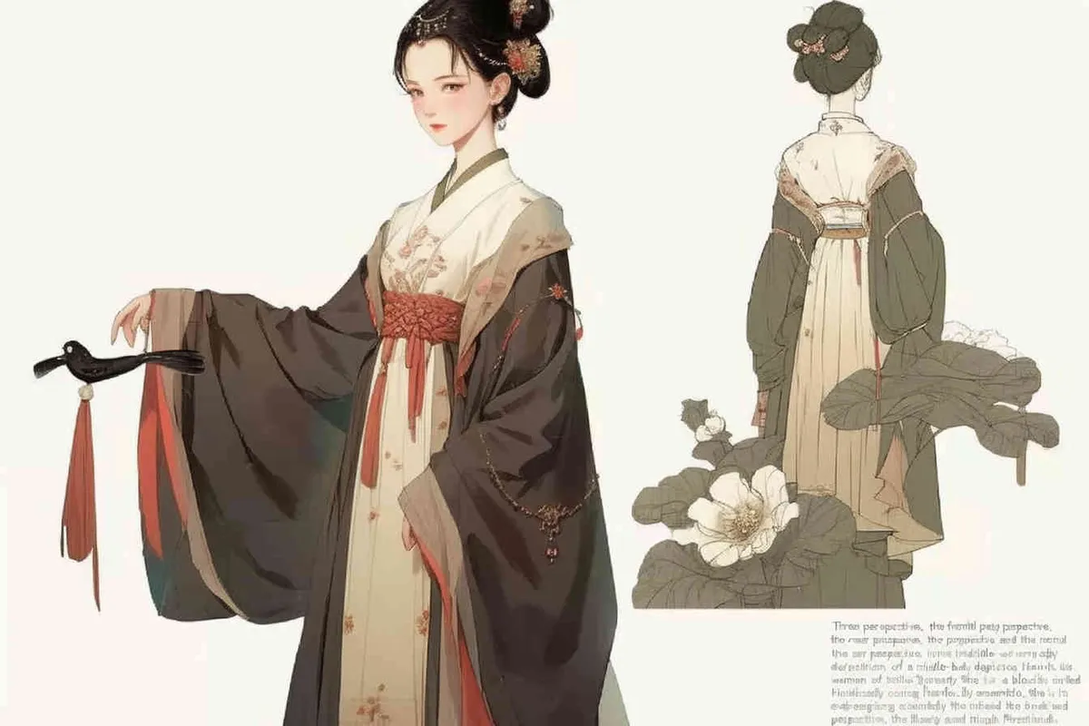 Three views , namely the front view , the side view and the back view，and full body, A fifty year old woman from the Song Dynasty, dressed in black Hanfu, with curled hair, a cross collar, a green lining, a skirt, and a walking pose,  A three view view view, front, side,  DeI stijil,chibi style, white background,  ancient style IP design,traditional Chinese ink painting style, minimalism, and ink painting,back view – AI绘画作品展示 | Midjourney中文版生成