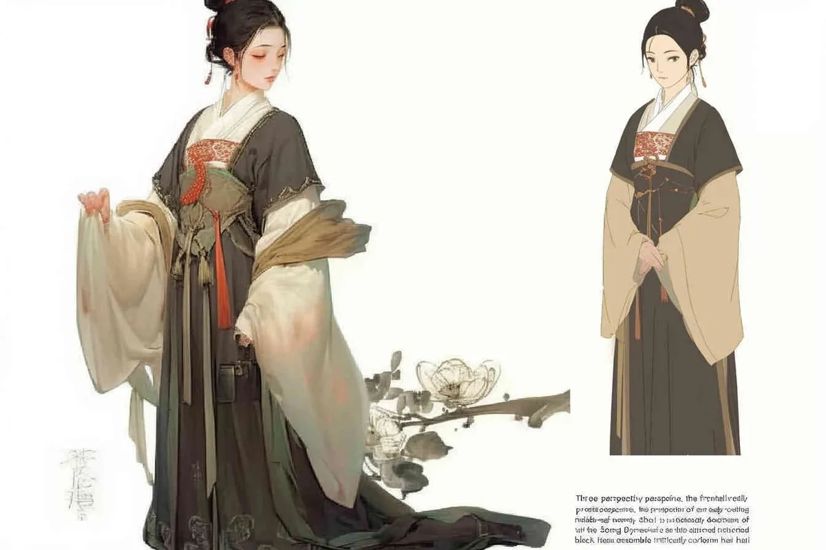 Three views , namely the front view , the side view and the back view，and full body, A fifty year old woman from the Song Dynasty, dressed in black Hanfu, with curled hair, a cross collar, a green lining, a skirt, and a walking pose,  A three view view view, front, side,  DeI stijil,chibi style, white background,  ancient style IP design,traditional Chinese ink painting style, minimalism, and ink painting,back view - style2部分