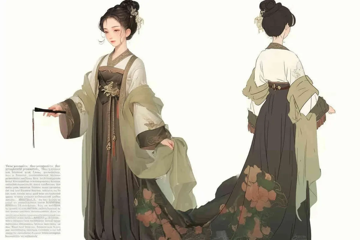 Three views , namely the front view , the side view and the back view，and full body, A fifty year old woman from the Song Dynasty, dressed in black Hanfu, with curled hair, a cross collar, a green lining, a skirt, and a walking pose,  A three view view view, front, side,  DeI stijil,chibi style, white background,  ancient style IP design,traditional Chinese ink painting style, minimalism, and ink painting,back view - style3部分