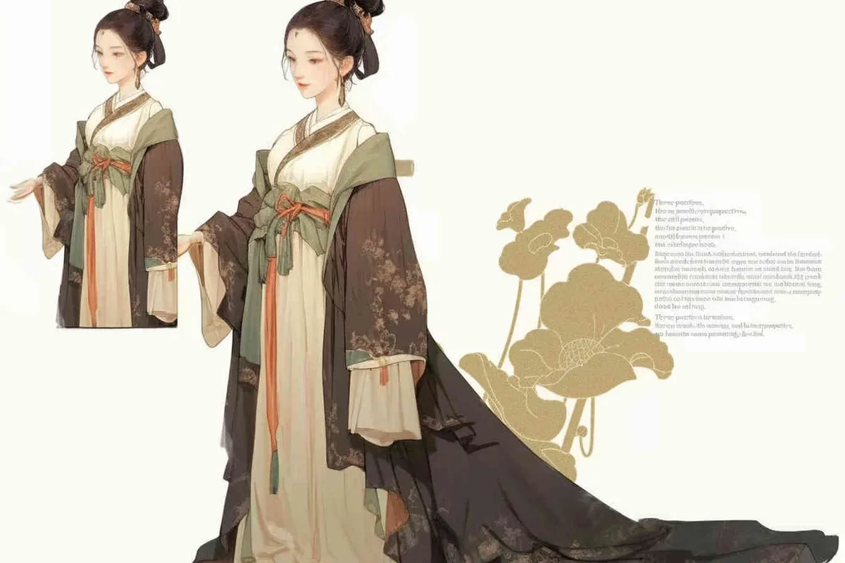 Three views , namely the front view , the side view and the back view，and full body, A fifty year old woman from the Song Dynasty, dressed in black Hanfu, with curled hair, a cross collar, a green lining, a skirt, and a walking pose,  A three view view view, front, side,  DeI stijil,chibi style, white background,  ancient style IP design,traditional Chinese ink painting style, minimalism, and ink painting,back view - style4部分