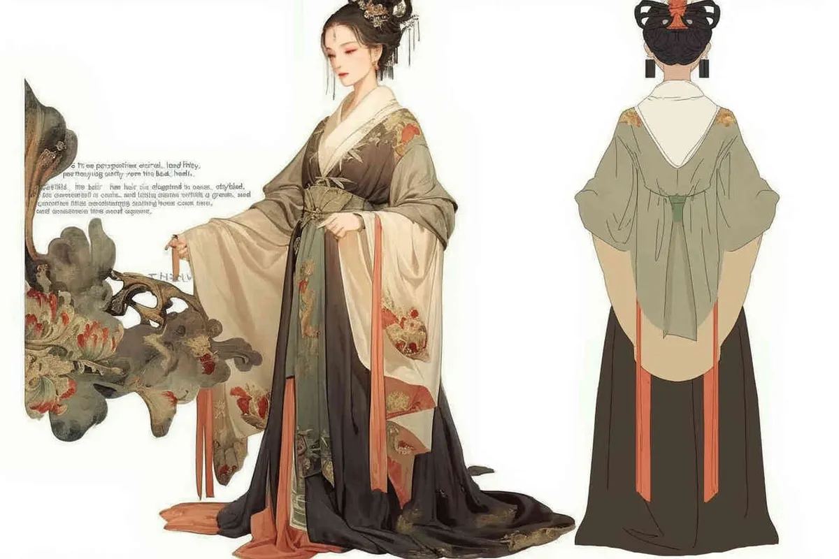 Three views , namely the front view , the side view and the back view，and full body, A fifty year old woman from the Song Dynasty, dressed in black Hanfu, with curled hair, a cross collar, a green lining, a skirt, and a walking pose,  A three view view view, front, side,  DeI stijil,chibi style, white background,  ancient style IP design,traditional Chinese ink painting style, minimalism, and ink painting,back view - style1部分