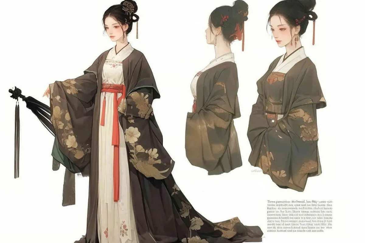 Three views , namely the front view , the side view and the back view，and full body, A fifty year old woman from the Song Dynasty, dressed in black Hanfu, with curled hair, a cross collar, a green lining, a skirt, and a walking pose,  A three view view view, front, side,  DeI stijil,chibi style, white background,  ancient style IP design,traditional Chinese ink painting style, minimalism, and ink painting,back view - style2部分