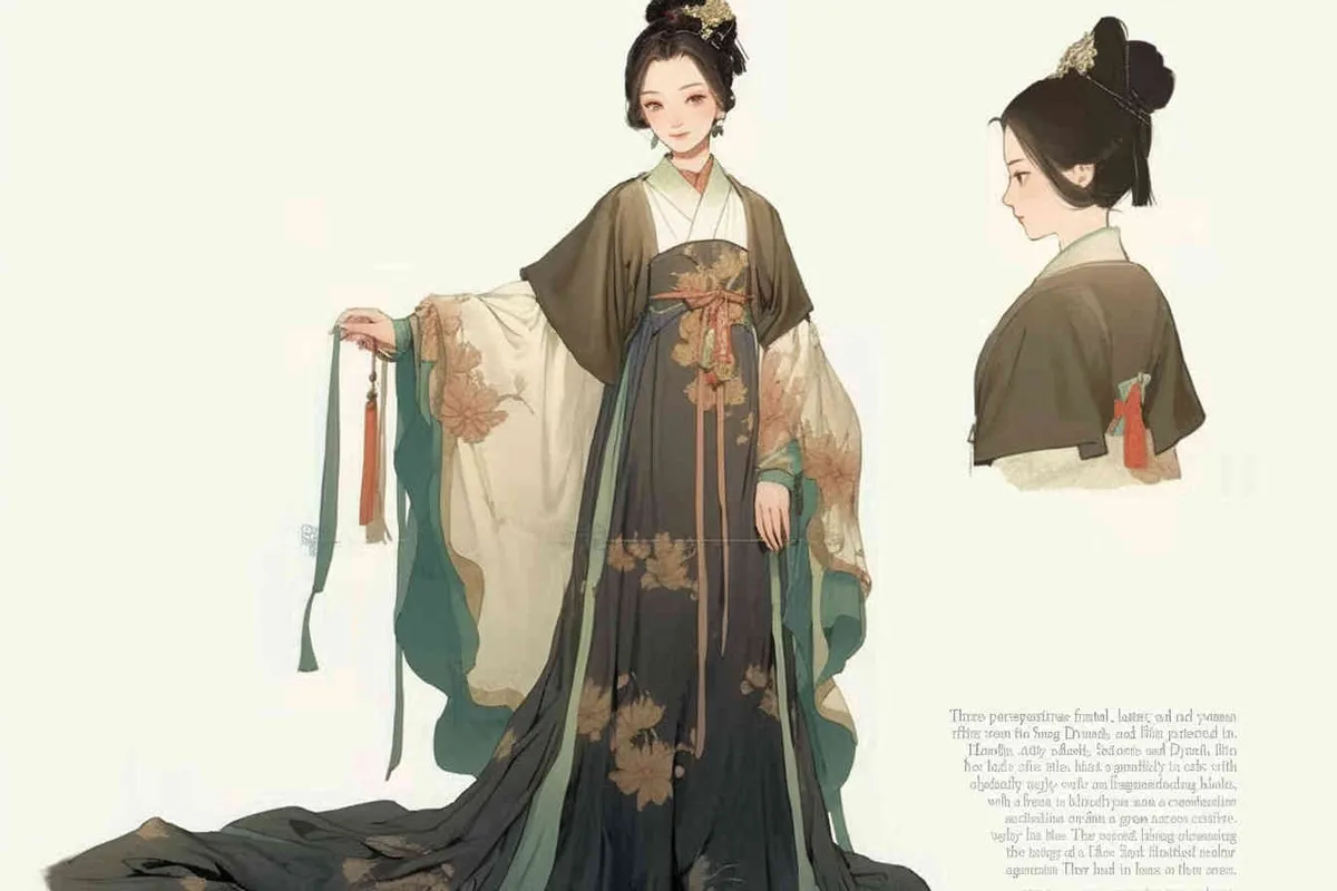 Three views , namely the front view , the side view and the back view，and full body, A fifty year old woman from the Song Dynasty, dressed in black Hanfu, with curled hair, a cross collar, a green lining, a skirt, and a walking pose,  A three view view view, front, side,  DeI stijil,chibi style, white background,  ancient style IP design,traditional Chinese ink painting style, minimalism, and ink painting,back view - style3部分
